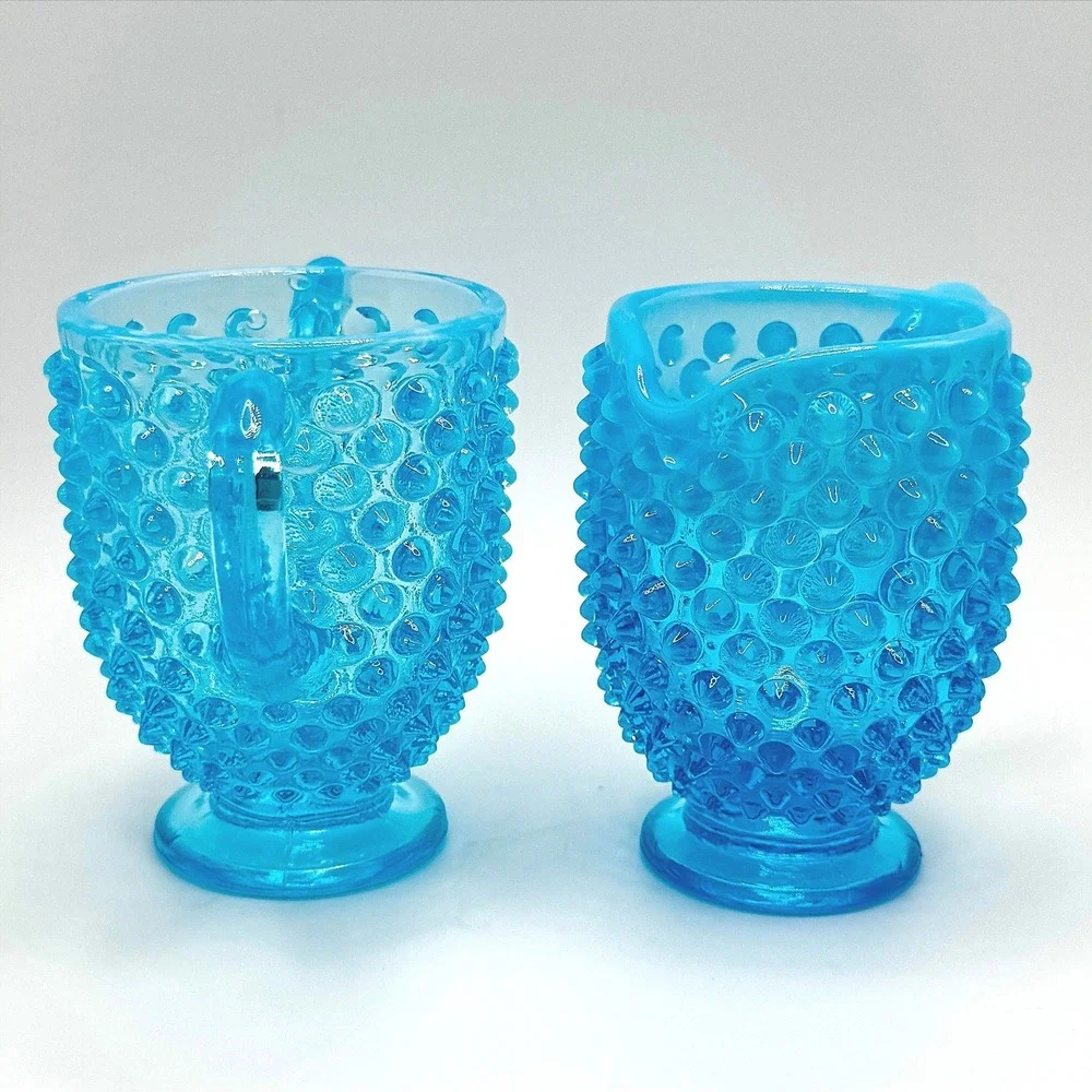 Vintage Fenton Blue Opalescent Hobnail Creamer Sugar Bowl Set Footed Glass